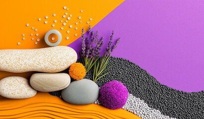 Zen stones with lavender and colorful orbs – modern spa still nature minimal composition evoking relaxation on vibrant textured background.