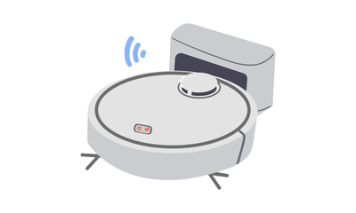 Robot Vacuum Cleaner, Smart Wireless Robotic Household Appliance Isolated On White Background. Automatic Machine With Remote Control and Artificial Intelligence. Vector Illustration