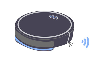 Robot Vacuum Cleaner, Smart Wireless Robotic Household Appliance Isolated On White Background. Automatic Machine With Remote Control and Artificial Intelligence. Vector Illustration