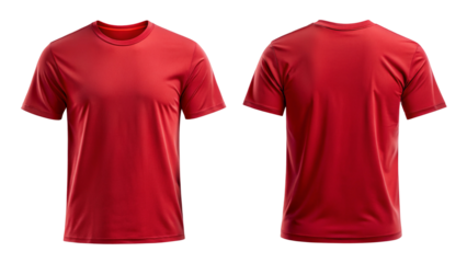 Front and back view of a red t shirt on a black background showcasing apparel design and garment style