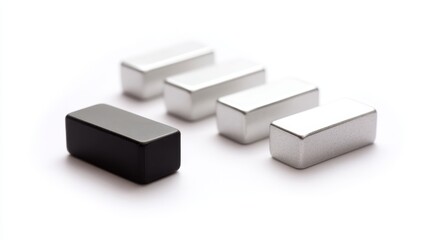 Obraz premium Set of four rectangular white/silver magnets with black cube power magnet on white background. Sharp focus industrial magnetic components for DIY and engineering projects