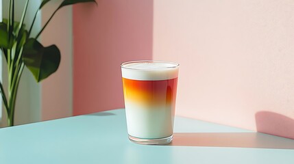 Layered drink, cafe, sunlight, pastel background, menu