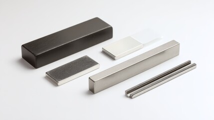 Assorted square and rectangular white steel magnets with black ferrite magnet on white background. Top view showing silver surfaces and rubber grip strip for industrial or DIY applications