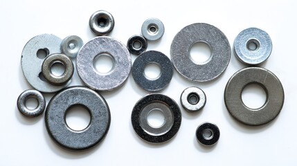 Assorted metal washers in various sizes and shapes including flat and round designs, isolated on white background. Hardware components for fastening and industrial applications