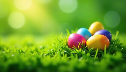 Rainbow-colored eggs nestled in green grass, sunny day , Easter decoration, pastel