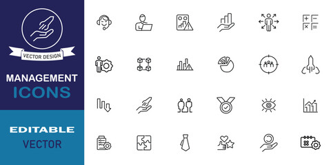 Management and business thin line icons set. Set of 24 icons collection related to administration, supervision, leadership, businessman, project and governance. Editable stroke. Vector illustration.