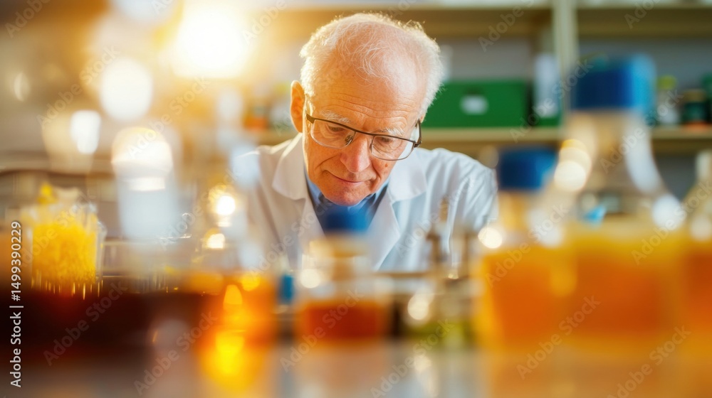 Poster senior scientist studies various colorful liquids in glass containers while conducting experiments i