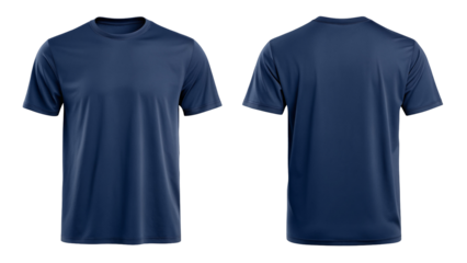 Two views of a dark blue t shirt with short sleeves and a round neck on a black background studio shot