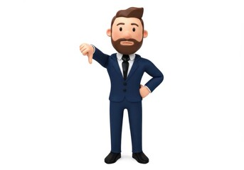 Obraz premium 3D Illustration of Cartoon businessman giving thumbs down gesture in a suit isolated on white background looking disappointed