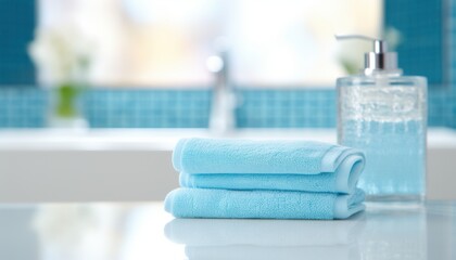 Niebieskie ręczniki i dozownik do mydła w łazience