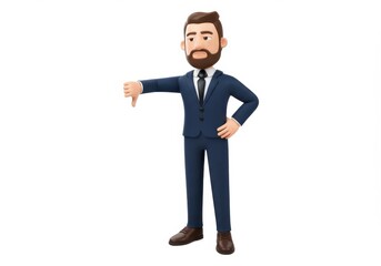 Fototapeta premium 3D Illustration of Cartoon 3d businessman in suit giving thumbs down gesture isolated on white background, expressing disapproval and negativity