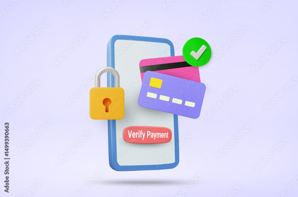 Aufkleber 3d vector illustration rendering of online transaction. showing mobile phone screen with verify paym