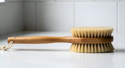 A bath brush with wooden handle and natural bristles