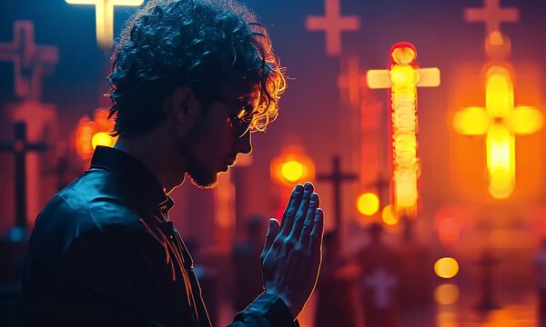 Silhouette of a person praying at night with a blurred cross in the background.