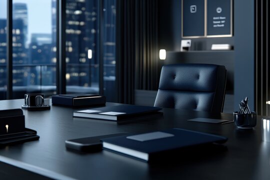 Dark, modern office with city view at night; desk with documents and leather chair