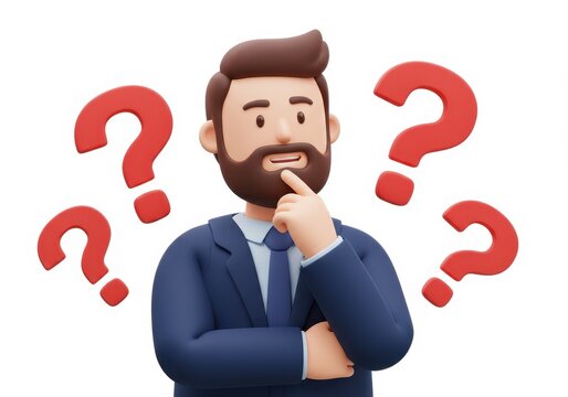 3D Illustration of Cartoon man in a suit thinking with red question marks floating around him isolated on white background
