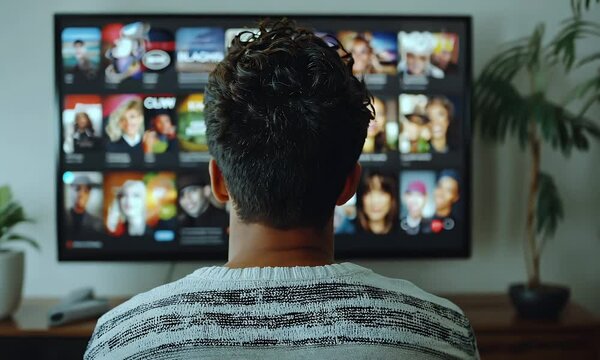 Man watching diverse content on a large screen TV.