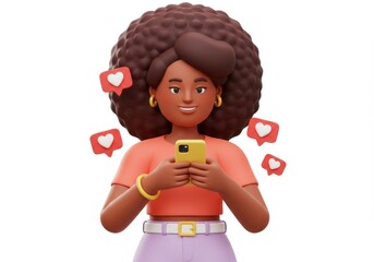 Fototapeta premium 3D Illustration of 3d render of a woman with afro using smartphone surrounded by like icons isolated on white background