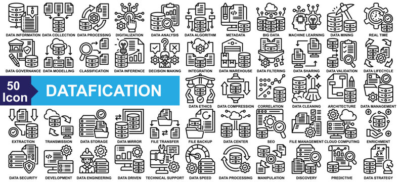 "Datafication" icon collection set. Data Information, Data Collection, Data Processing, Digitalization, Data Analysis icon. Simple line vector.