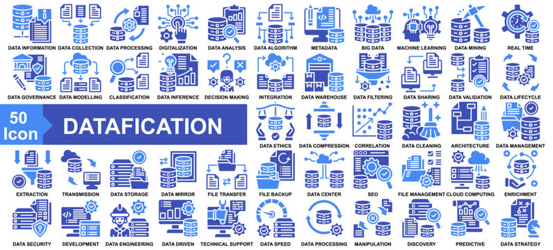 "Datafication" icon collection set. Data Information, Data Collection, Data Processing, Digitalization, Data Analysis icon. Simple Glyph Color vector.