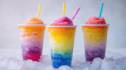 Vibrant rainbow-layered frozen slushies with colorful gradient effect, chilled on ice cubes, perfect summer refreshment in clear plastic cups