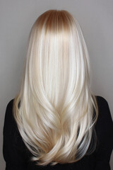 Naklejka premium A woman with long blonde hair is wearing a black shirt