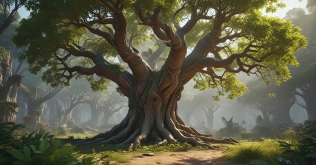 Ancient tree, lush exotic vines, vibrant leaves ,  vegetation,  ancient