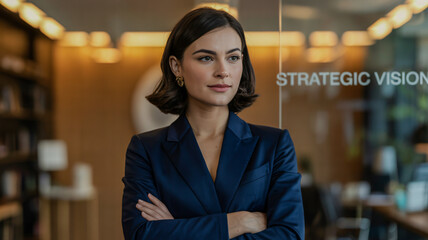 Woman in business attire with arms crossed