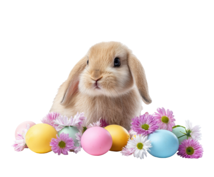 Cute rabbit with colorful Easter eggs and spring flowers arrangement on a transparent background, cut out
