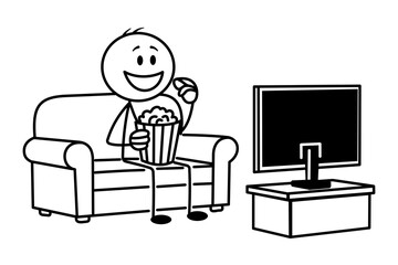 Stick figure relaxing on couch watching TV with popcorn. cartoon illustration of leisure time and entertainment.