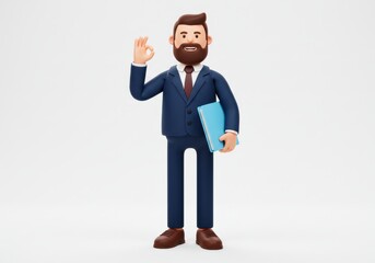 Fototapeta premium 3D Illustration of 3d cartoon of a businessman in a suit holding a blue book and making the ok sign isolated on white background