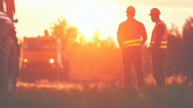 Fototapeta Two construction workers in safety vests stand by a roadway, watching as heavy machinery operates against a sunset backdrop