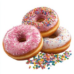 Three colorful donuts stacked on a white background