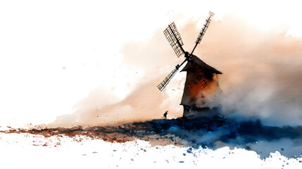 watercolor painting Silhouette of an old windmill
