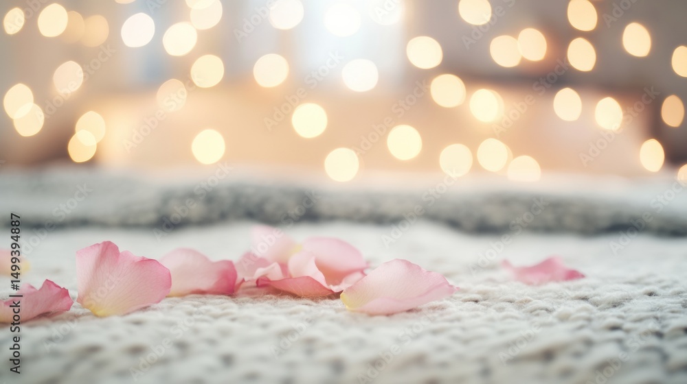 Poster soft pink rose petals lay across a warm blanket, creating an inviting atmosphere illuminated by soft