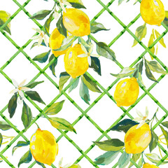 Beautiful vector seamless pattern with hand drawn bamboo lattice and lemons in vacation style. Ready print design.