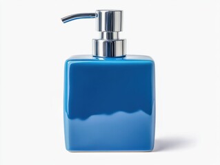 Obraz premium Blue soap dispenser with silver pump isolated on white background for bathroom or hygiene product display
