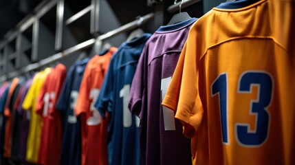 Obraz premium A High Resolution image of sports T-shirts with Numbers Hanging, Await Athletes in Football Locker Room, Ready for Action Game and Team Unity in Sports. Colorful Sport jersey hanging on.