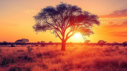 Fototapeta premium Lone Tree Silhouetted Against Vibrant Sunset Sky in African Savanna
