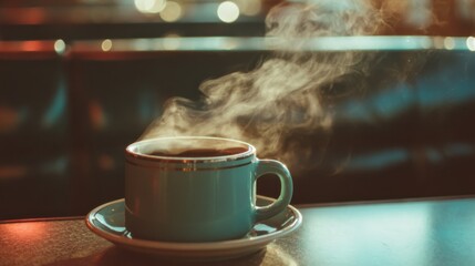 A High Resolution image of steaming coffee cup in classic diner setting evokes warmth and nostalgia.
