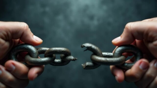 Two hands breaking metal chains, symbolizing freedom from addiction. Dark background enhances the dramatic effect of the scene. Represents the fight against drug abuse.
