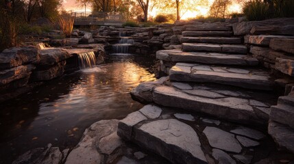 A High Resolution image of stone steps meet calming waterfalls at sunset.