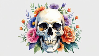 Detailed Skull Surrounded by Various Colorful Flowers Against a White Background
