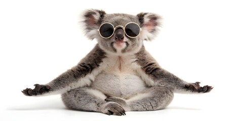 Adorable koala bear wearing round sunglasses, sitting in lotus yoga pose, isolated on white background, peaceful zen meditation, cute animal photography, studio shot.