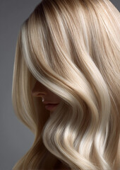 Fototapeta premium A woman with long blonde hair is shown with her hair in a wavy style