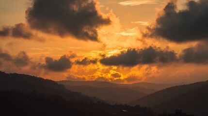 Golden sunset over a serene landscape, warm light through clouds, orange and purple hues blending in harmony