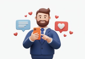 3D Illustration of 3d rendering of a man in a suit interacting with social media on his smartphone with speech bubbles and hearts isolated on white background