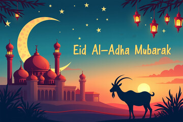 Eid al Adha Mubarak Illustration with Mosque, Crescent Moon, Goat, and Lanterns,Minimalist Islamic Art