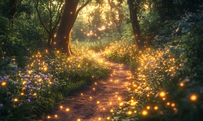 Obraz premium magical enchanted forest where glowing flowers light a winding trail, and fairies hover above in a soft golden glow, Generative AI