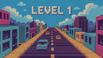 Retro pixelated urban road with cars and buildings game level concept